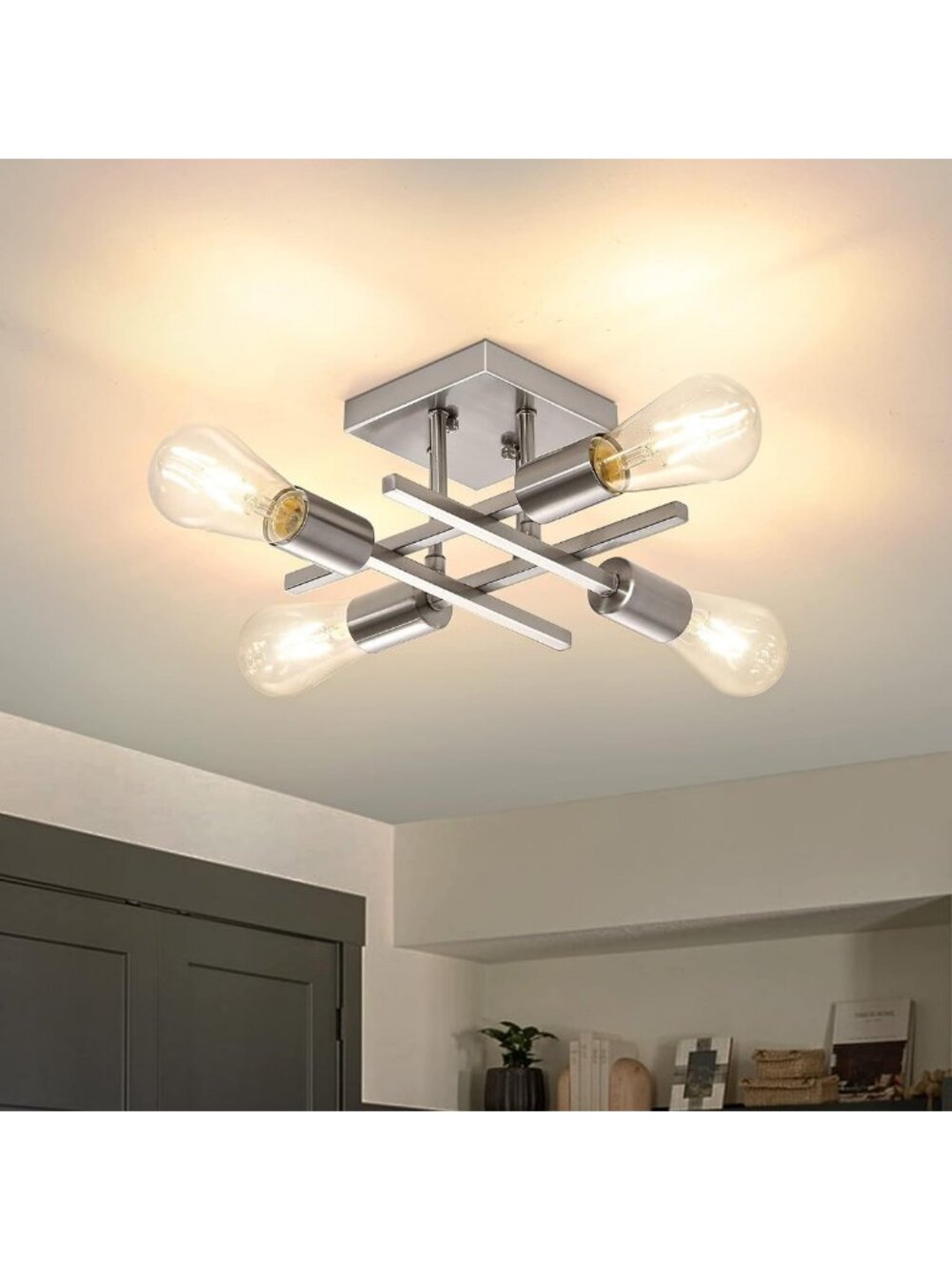 Modern 4-Light Semi Flush Mount Ceiling Light Fixture, Brushed Nickel Farmhouse
